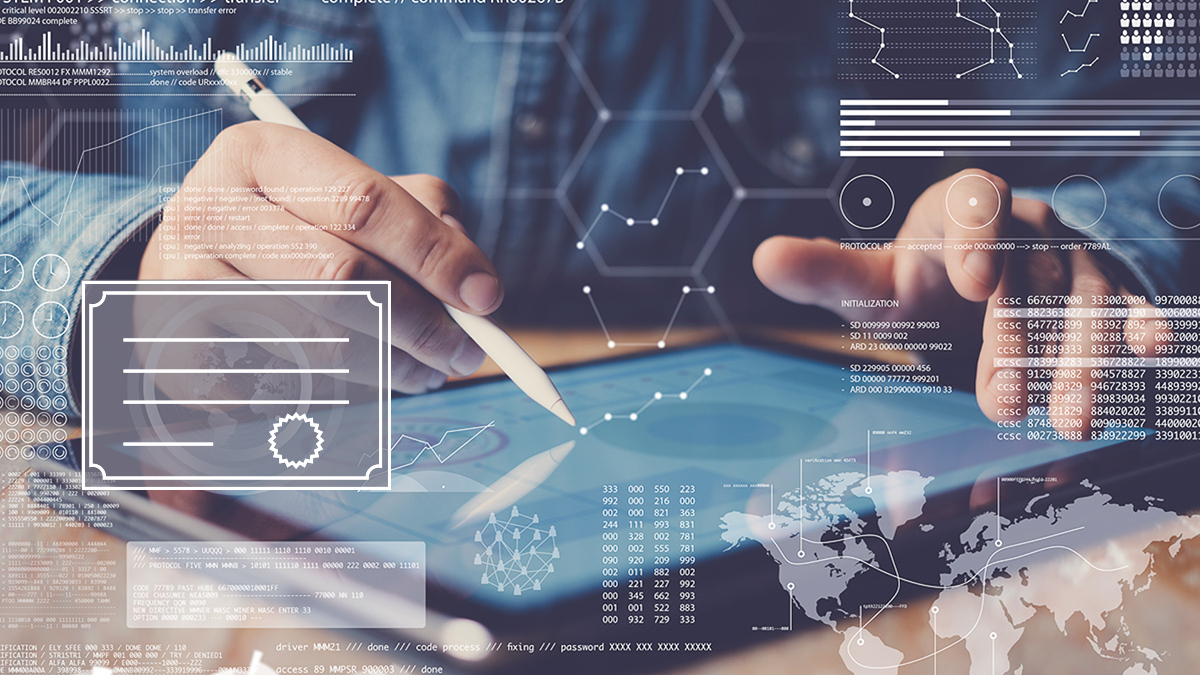 A hand interacting with digital tablet displaying data and certificate graphic overlay