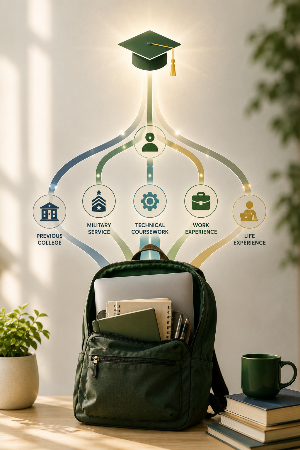 green backpack on a desk next to books with icons floating out of that say prior college experiences, military service, technical coursework, work experience, and life experience all pointing to a graduate cap. 