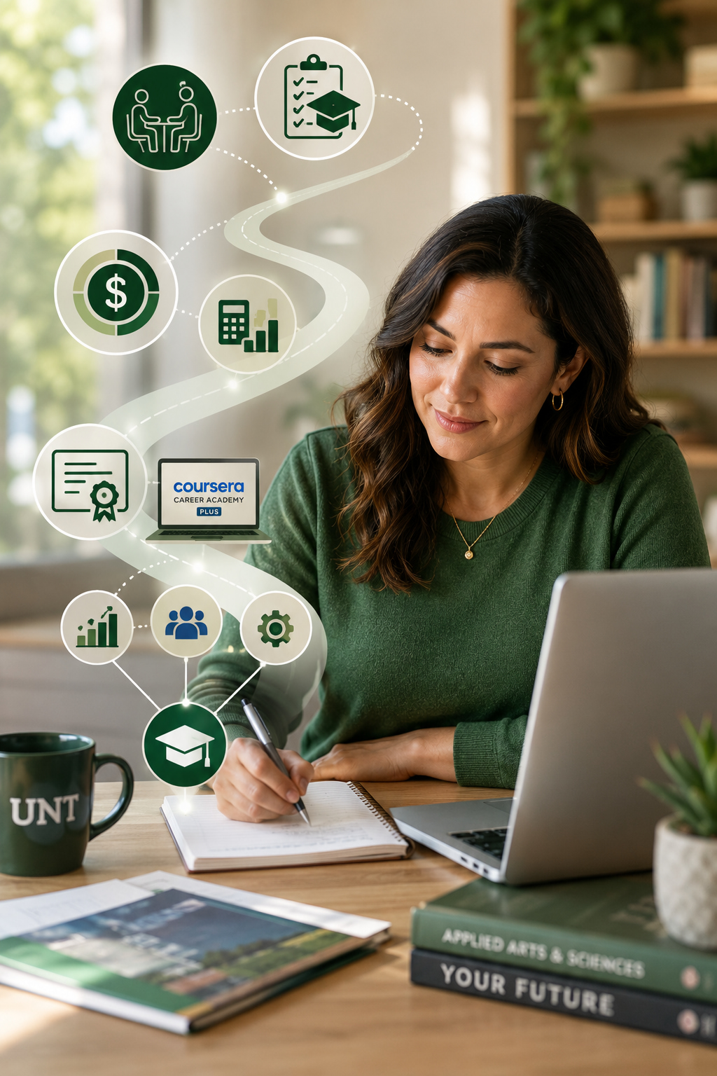 a lady writing on a notebook next to her laptop with floating icons for graduation, working, studying, certificates, and cost. 