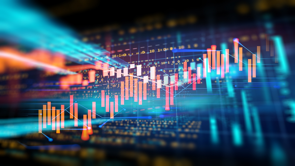 A stylized digital graphic of a stock market chart overlayed on a blurred background