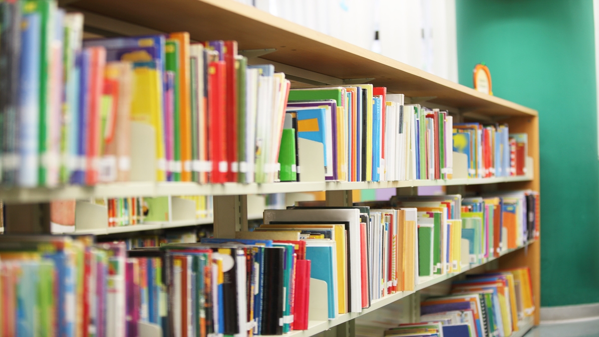 Close-up of library shelves filled with colorful books