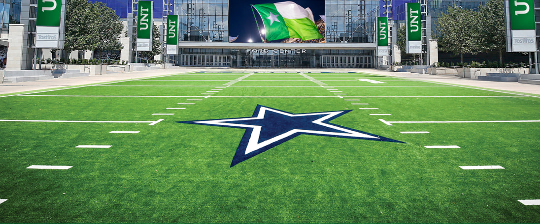 An aerial shot of the Cowboys logo painted at Ford Field
