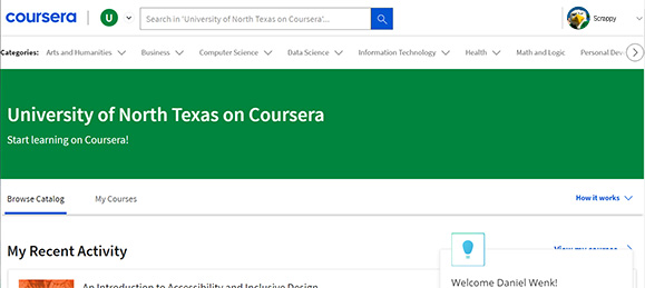 screen shot of UNT Coursera home page after logging in