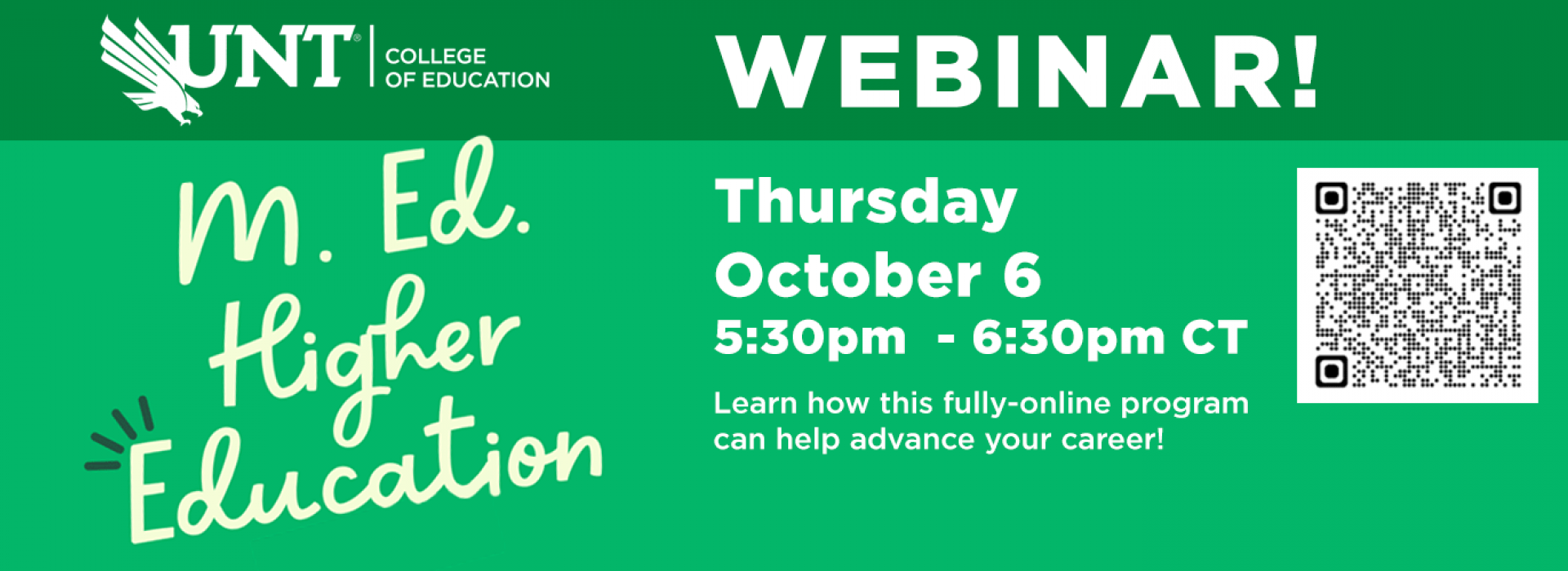 Webinar about M.Ed. in Higher Education Oct 6, 2022 5:30pm CST