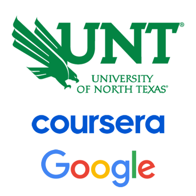 UNT Logo, Coursera Logo, and Google Logo