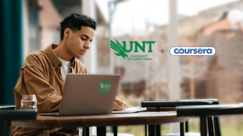 Male student on laptop, University of North Texas plus Coursera, Online Bachelor of Science in General Business