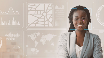 Young business woman with overlay of electronic data graphs
