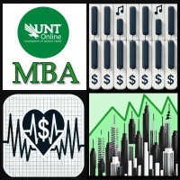 a square graphic depicting online MBA concentrations: music business, health services management, and business analytics