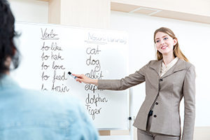 tesol instructor standing in front of a whiteboard with english verbs and nounss